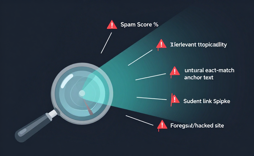 A radar/inspection illustration. A magnifying glass scanning a backlink, revealing warning signs radiating out: high Spam Score %, low DA near zero, irrelevant topicality, unnatural exact-match anchor text, sudden link spike, foreign/hacked site. Each sign a small red-flag icon. Labeled "Signs of Toxic Backlinks". Clean dark background (#0f172a), red warning accents, teal scanning beam. Flat inspection infographic.