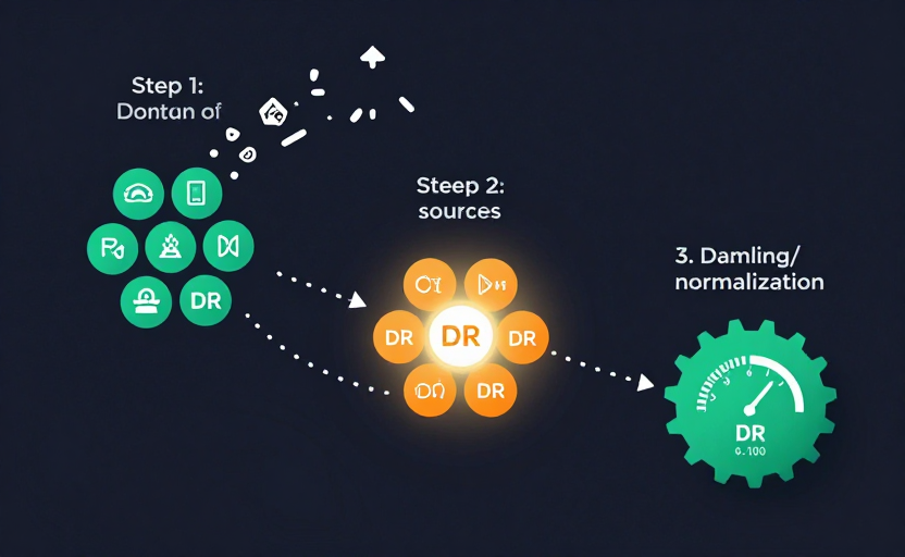 A 3-step flow diagram showing how Domain Rating is calculated. Step 1: a cluster of unique domain icons (referring domains) feeding in. Step 2: those domains filtered by a weight node where high-DR sources glow brighter than low-DR ones. Step 3: a damping/normalization gear node outputting a single "DR" gauge scored 0–100. Dotted arrows connect the three steps. Clean dark background (#0f172a), teal (#14b8a6) accents, orange (#f97316) highlights on high-DR nodes. Flat infographic style, no readable text except "DR".
