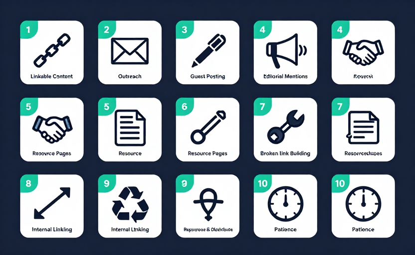 A 2×5 grid of 10 numbered strategy icons: (1) chain link — Linkable Content, (2) envelope/outreach — Outreach, (3) pen — Guest Posting, (4) megaphone — Editorial Mentions, (5) handshake — Relationships, (6) list/resource — Resource Pages, (7) broken-link/wrench — Broken Link Building, (8) branching arrows — Internal Linking, (9) recycle icon — Repurpose & Distribute, (10) clock — Patience. Each in a small rounded card with a number badge. Clean flat design, dark background (#0f172a), teal accents.