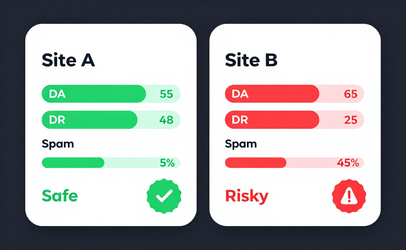 A practical comparison card showing two website evaluations side by side — Site A (DA 55, DR 48, Spam 5%) with a green "Safe" badge and checkmark; Site B (DA 65, DR 25, Spam 45%) with a red "Risky" badge and warning icon. Key metrics displayed as colored score bars. Clean card-based comparison layout, dark background. 