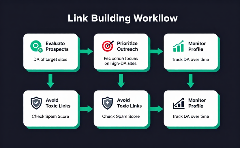 A link building workflow diagram using DA PA Checker — 4 steps shown as connected cards: (1) "Evaluate Prospects" (search icon, check DA of target sites), (2) "Prioritize Outreach" (target icon, focus on high-DA sites), (3) "Avoid Toxic Links" (shield icon, check Spam Score), (4) "Monitor Profile" (chart icon, track DA over time). Arrows connect the steps. Clean workflow diagram, dark background with teal accents.