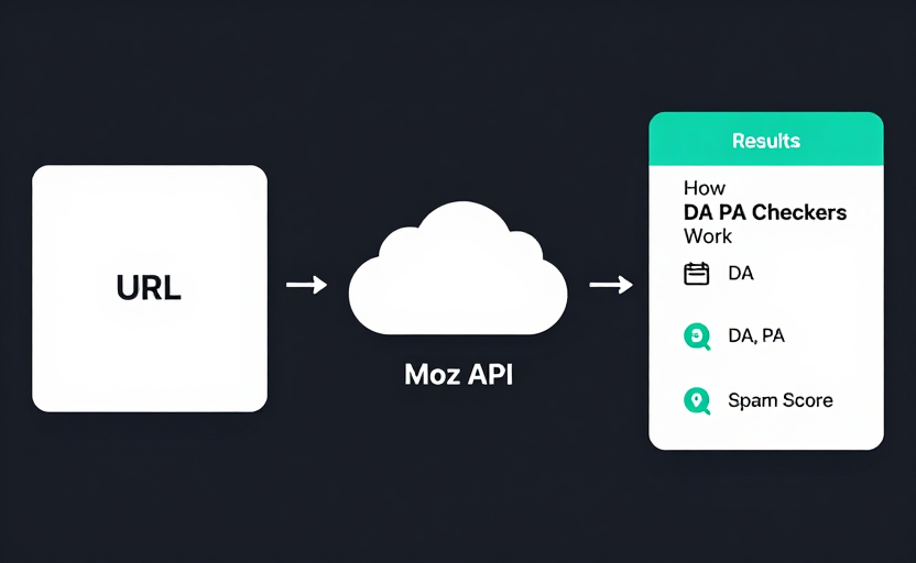 A conceptual diagram showing how a DA PA Checker works — a user enters a URL on the left, an arrow points to a "Moz API" cloud/server in the middle, and results (DA, PA, Spam Score) appear on the right in a results card. Labeled "How DA PA Checkers Work". Clean flow diagram, dark background with teal accents.