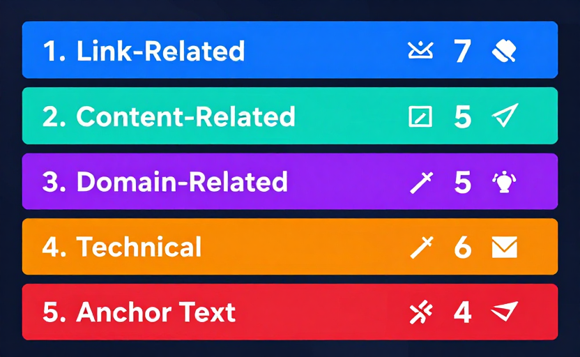  A categorized diagram of the 27 Spam Score flags — five groups shown as colored sections: (1) Link-Related (blue, 7 flags), (2) Content-Related (teal, 5 flags), (3) Domain-Related (purple, 5 flags), (4) Technical (orange, 6 flags), (5) Anchor Text (red, 4 flags). Each group has small icon representations of its flags. Clean categorized infographic, dark background. 