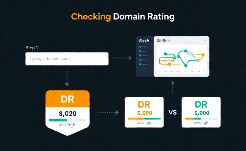 4-step process flow showing how to check Ahrefs Domain Rating (DR)