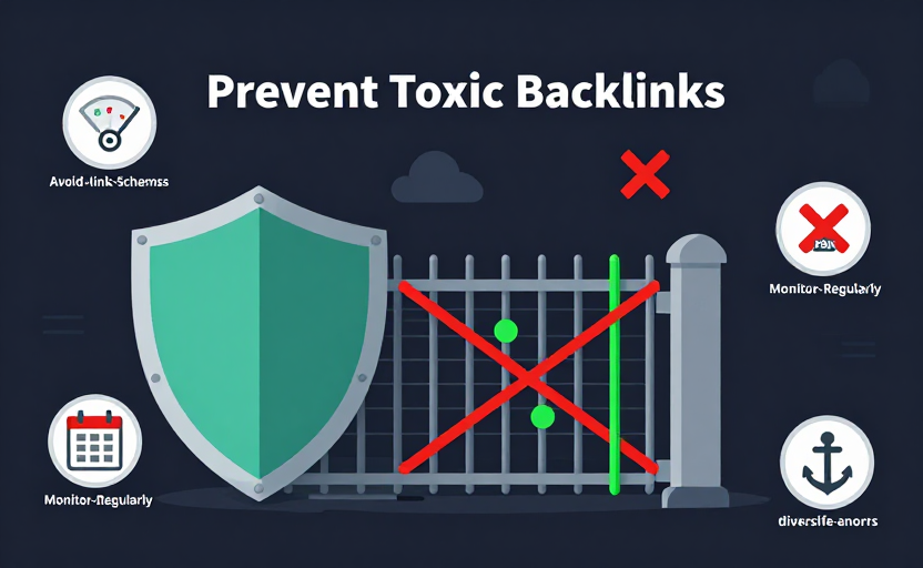 A shield-and-fence prevention illustration. A website protected by a shield and a fence, blocking incoming toxic links (red, struck-through) while allowing clean links (green) through a gate. Small icon badges around: vet-with-DA-gauge, avoid-link-schemes (red X on PBN), monitor-regularly (calendar), diversify-anchors (anchor icon). Labeled "Prevent Toxic Backlinks". Clean dark background (#0f172a), red/green accents, teal shield. Flat defensive infographic.