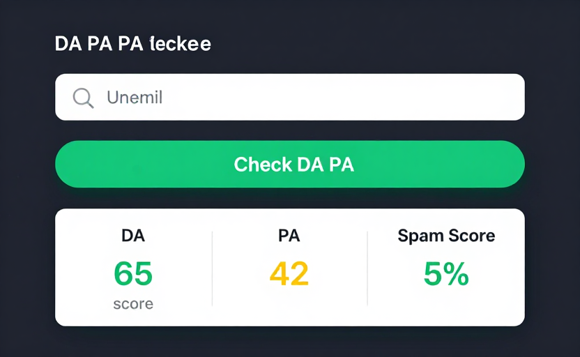  A screenshot-style illustration of the DA PA Checker tool interface — showing a clean input field with a URL entered, a prominent "Check DA PA" button, and results displayed below with DA score (e.g., 65 in green), PA score (e.g., 42 in yellow), and Spam Score (e.g., 5% in green). Modern UI design mockup, dark theme. 