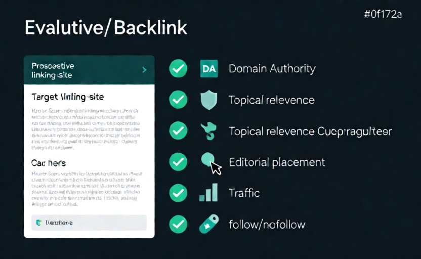 A checklist/criteria illustration for evaluating a backlink. Six checklist items each with a green checkmark and icon: DA gauge (Domain Authority), shield (low Spam Score), target/relevance (Topical relevance), cursor-on-paragraph (Editorial placement), bar chart (Traffic), follow/nofollow tag icon. A prospective linking-site card on the left being evaluated. Clean dark background (#0f172a), teal/green accents. Flat checklist infographic.