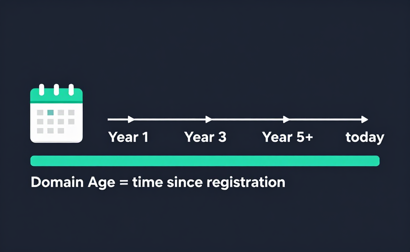 A horizontal timeline showing domain age. On the far left, a domain registration icon with a calendar showing a registration date, then an arrow spanning rightward across year markers (Year 1, Year 3, Year 5+) ending at "today". Below, a parallel bar showing the website being built sometime after registration. Labeled "Domain Age = time since registration". Clean dark background (#0f172a), teal accents. Flat timeline infographic.