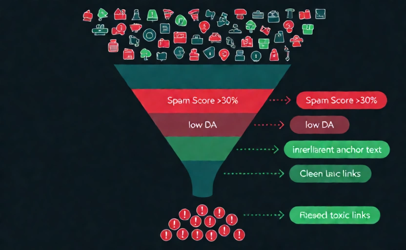 A funnel/filter process illustration. Top: a large set of all backlinks (mixed icons) poured in. Middle funnel layers filter them: first by Spam Score >30% (red), then by low DA, then by irrelevant anchor text. Bottom output: a small pile of flagged toxic links in red with warning badges, and clean links passing through in green. Dotted arrows. Clean dark background (#0f172a), red/green accents, teal funnel. Flat process diagram.