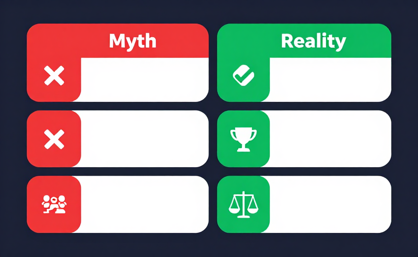 A myth-vs-reality infographic with 3 rows. Each row: a red "❌ Myth" card on the left and a green "✅ Reality" card on the right, each with a small icon (Google logo for ranking-factor myth, trophy for guarantees-rankings myth, scales for DR=DA myth). Clean card-based layout, dark background (#0f172a), red/green accents. Flat design.