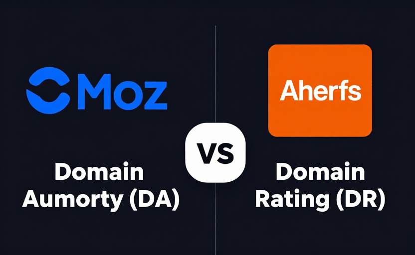 A side-by-side comparison header — on the left, the Moz logo/brand color (blue) with "Domain Authority (DA)" label; on the right, the Ahrefs logo/brand color (orange) with "Domain Rating (DR)" label. A "VS" badge in the center. Clean versus-style layout, dark background. 