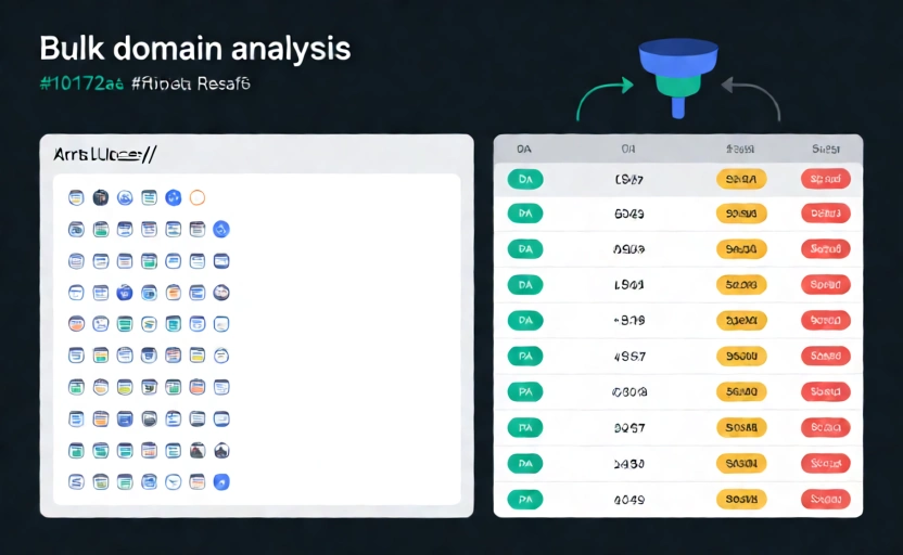 Bulk DA PA checker illustration showing multiple URLs analyzed in a data table