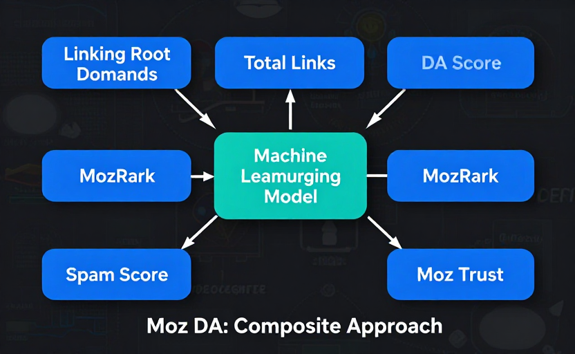 A diagram showing DA as a composite metric — multiple input nodes (Linking Root Domains, Total Links, MozRank, MozTrust, Spam Score) feeding via arrows into a central "Machine Learning Model" box, which outputs "DA Score". Labeled "Moz DA: Composite Approach". Clean flowchart style, dark background with blue/teal accents. 