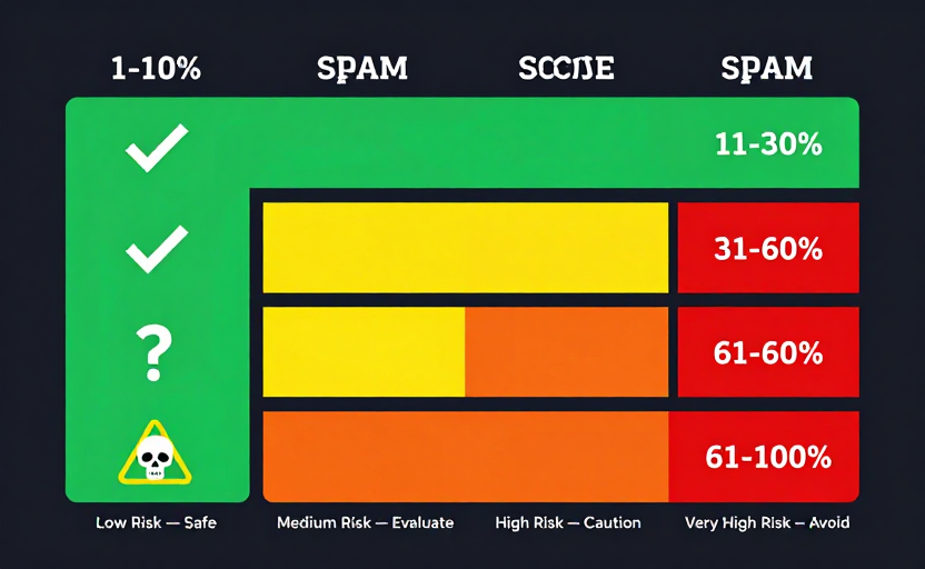  A risk level infographic showing 4 Spam Score ranges as colored zones: 1-10% (green zone, "Low Risk — Safe"), 11-30% (yellow zone, "Medium Risk — Evaluate"), 31-60% (orange zone, "High Risk — Caution"), 61-100% (red zone, "Very High Risk — Avoid"). Each zone has an icon (checkmark, question mark, warning, skull). Clean horizontal bar layout, dark background. 