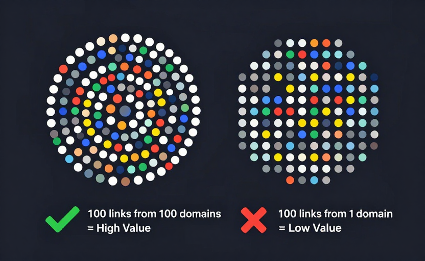 A visual comparison — on the left, 100 small dots in different colors each representing a unique linking domain (labeled "100 links from 100 domains = High Value" with a green checkmark); on the right, 100 identical dots clustered together from one domain (labeled "100 links from 1 domain = Low Value" with a red X). Clean comparison infographic, dark background. 