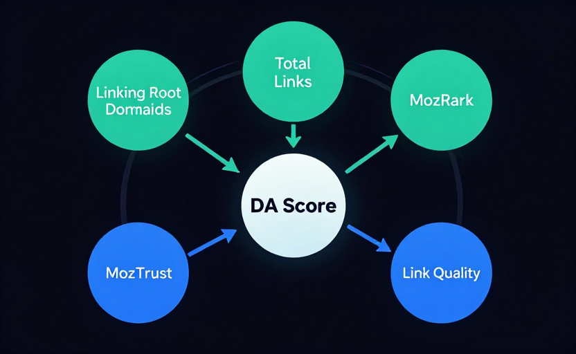 A diagram showing the key factors that feed into DA calculation — five labeled nodes (Linking Root Domains, Total Links, MozRank, MozTrust, Link Quality) with arrows pointing into a central "DA Score" node. Clean infographic style, dark background, teal/blue color scheme with subtle connecting lines.