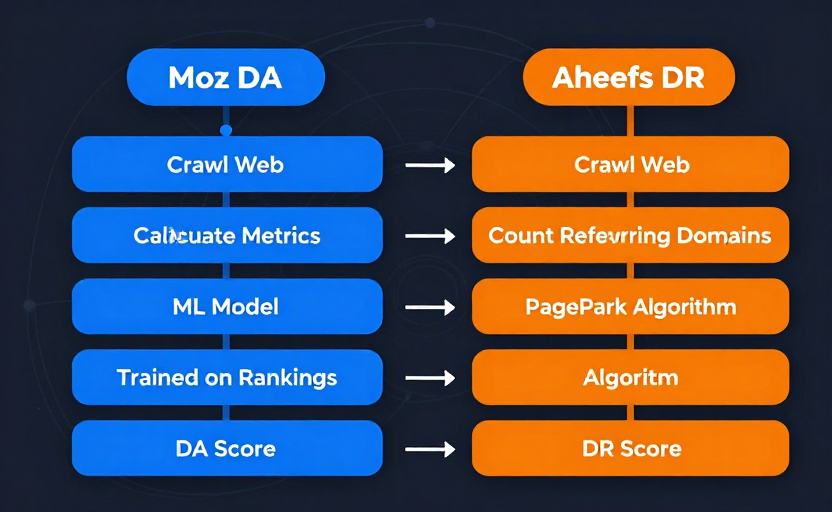A side-by-side flowchart comparison — Left side: "Moz DA" flow (Crawl Web → Calculate Metrics → ML Model → Trained on Rankings → DA Score); Right side: "Ahrefs DR" flow (Crawl Web → Count Referring Domains → PageRank Algorithm → DR Score). The two paths are visually distinct with blue for Moz and orange for Ahrefs. Clean diagram style, dark background. 