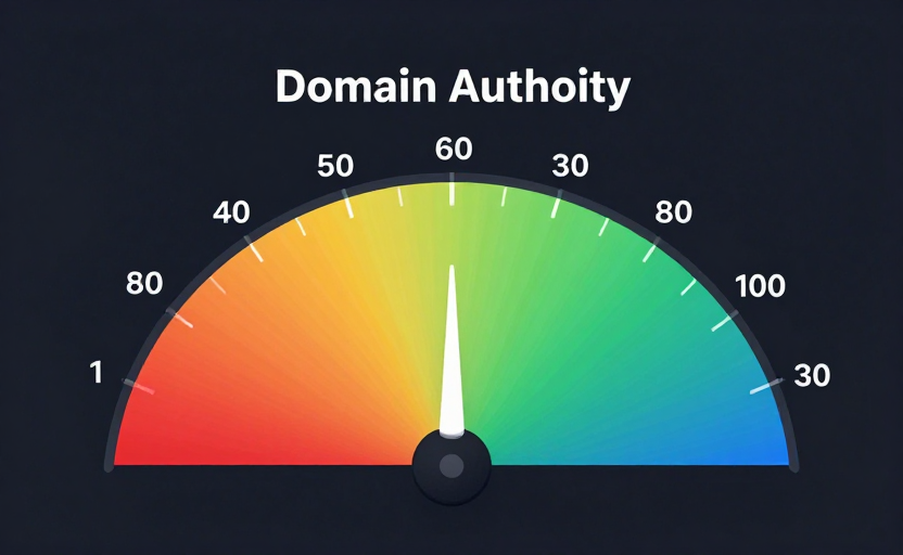 A sleek gauge/meter visualization showing the DA score range from 1 to 100, with a gradient from red (low) on the left through yellow (mid) to green (high) on the right, labeled "Domain Authority" at the top. Clean modern flat design, dark background with teal and blue accent colors.