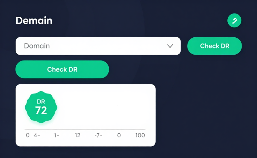 A UI mockup illustration of a Domain Rating Checker tool. A clean input field with a domain typed in, a prominent "Check DR" button, and a result card below showing a large "DR 72" badge in green with a 0–100 scale. No login / no ads badges in the corner. Dark theme UI, teal (#14b8a6) accents on dark navy (#0f172a). Modern SaaS interface mockup.