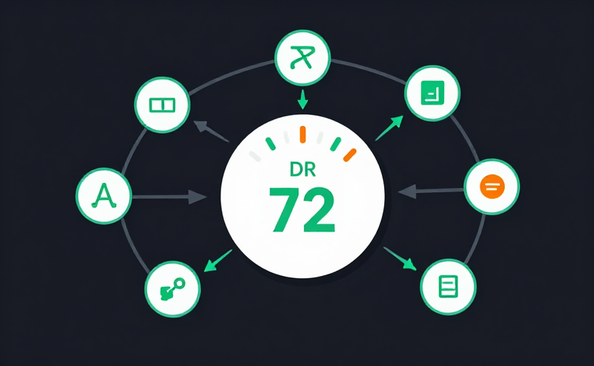 Domain Rating concept illustration showing DR gauge with backlink nodes