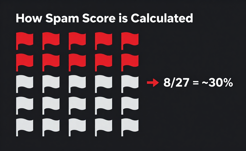 A visual diagram of the Spam Score calculation method — a set of 27 small flag icons in a grid, with 8 highlighted in red (triggered) and 19 in gray (not triggered). An arrow points to a percentage display showing "8/27 = ~30%". Labeled "How Spam Score is Calculated". Clean infographic style, dark background. 
