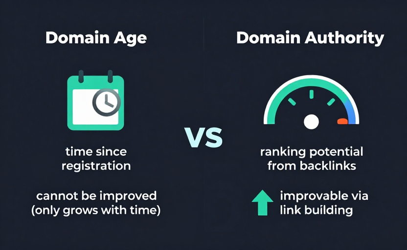 A two-column comparison infographic. Left column "Domain Age": a clock/calendar icon, label "time since registration", a "cannot be improved (only grows with time)" note. Right column "Domain Authority": a DA gauge icon, label "ranking potential from backlinks", a "improvable via link building" note with an up arrow. A "VS" divider in the middle. Clean dark background (#0f172a), teal accents. Flat comparison style.
