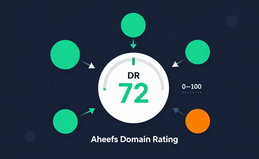 A flat-style infographic explaining Ahrefs Domain Rating. A large circular gauge in the center showing "DR 72" in green. Around it, interconnected node icons representing referring domains — large bright nodes (high-DR linking sites) and small dim nodes (low-DR sites) — with arrows flowing into the central gauge to show how link equity accumulates into one DR score. A small "0–100" scale beside the gauge. Clean dark background (#0f172a), teal (#14b8a6) primary with Ahrefs orange (#f97316) accent. SaaS illustration, minimal text.