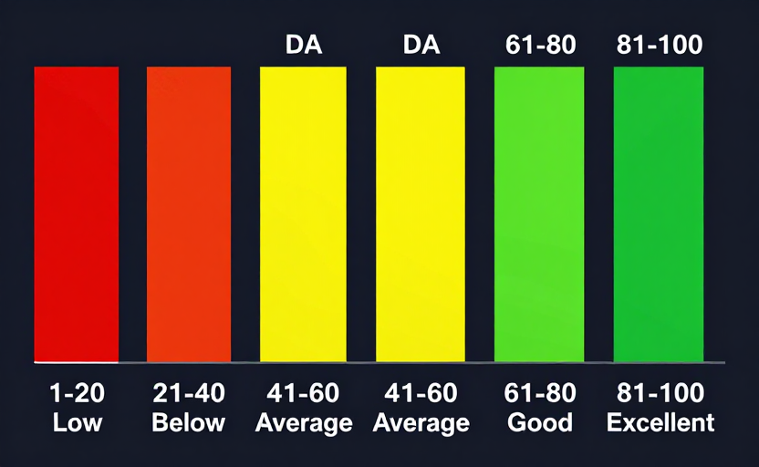  A horizontal bar chart or stacked gauge showing the five DA score ranges (1-20 Low, 21-40 Below Average, 41-60 Average, 61-80 Good, 81-100 Excellent) with color coding from red through yellow to green, each segment labeled with the range and level name. Clean infographic style, dark background. 