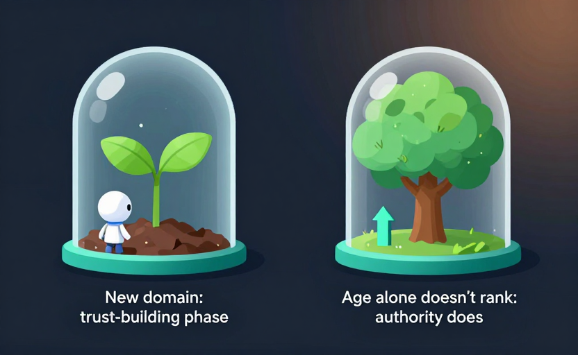 A two-part illustration. Left: a brand-new domain (seedling) inside a translucent "sandbox" dome, with Google's bot cautiously observing it — labeled "New domain: trust-building phase". Right: an older domain (tree) with the dome removed and a steady upward ranking arrow — labeled "Age alone doesn't rank; authority does". Clean dark background (#0f172a), teal accents, subtle warm tone on the right. Flat explanatory style.