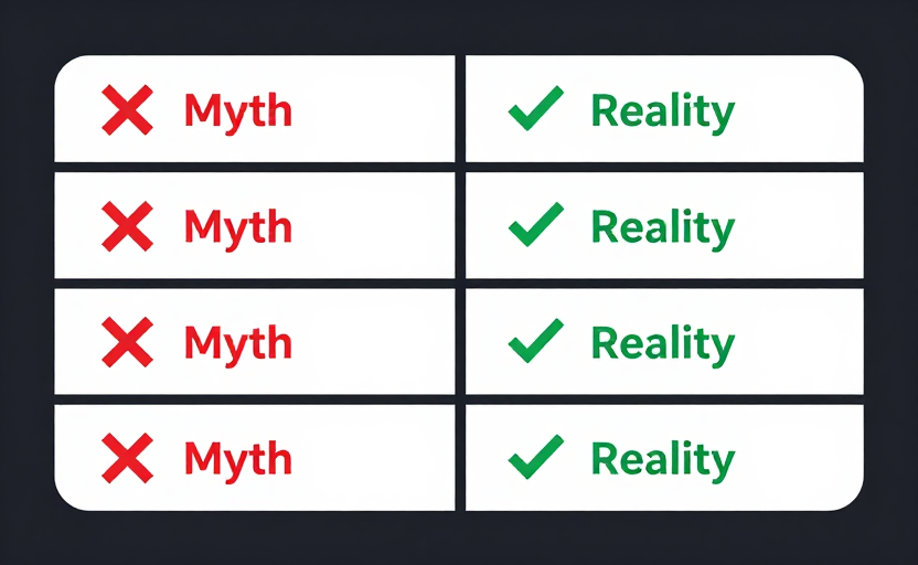  A myth vs reality infographic with 4 rows, each showing a "❌ Myth" statement on the left in red and a "✅ Reality" statement on the right in green. Clean card-based layout, dark background, modern typography. 