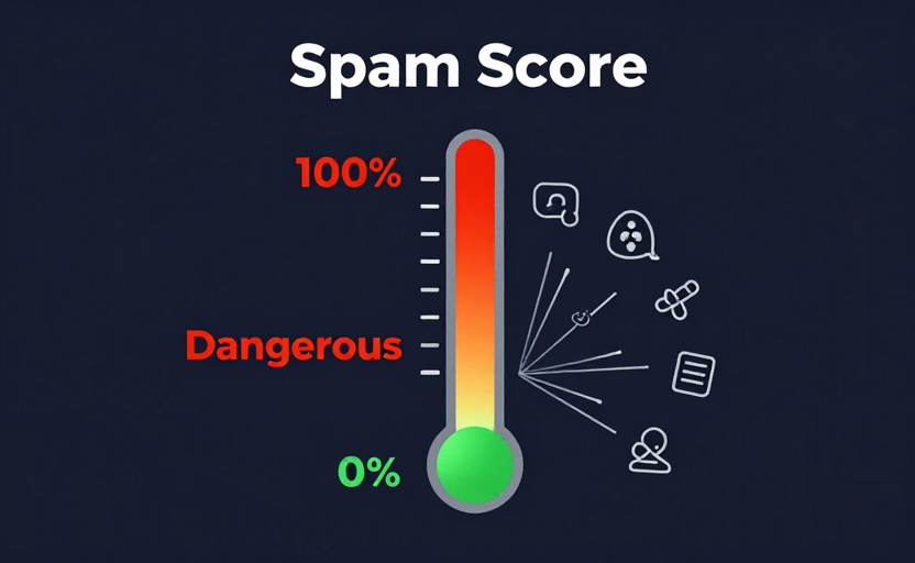 A thermometer-style Spam Score gauge going from 0% green ("Safe") at the bottom to 100% red ("Dangerous") at the top, with a marker sitting high in the orange/red zone. Beside it, small warning icons (toxic link, thin page, missing contact) radiating outward. Labeled "Spam Score" at the top. Clean dark background (#0f172a), red-to-green gradient. Flat infographic style.