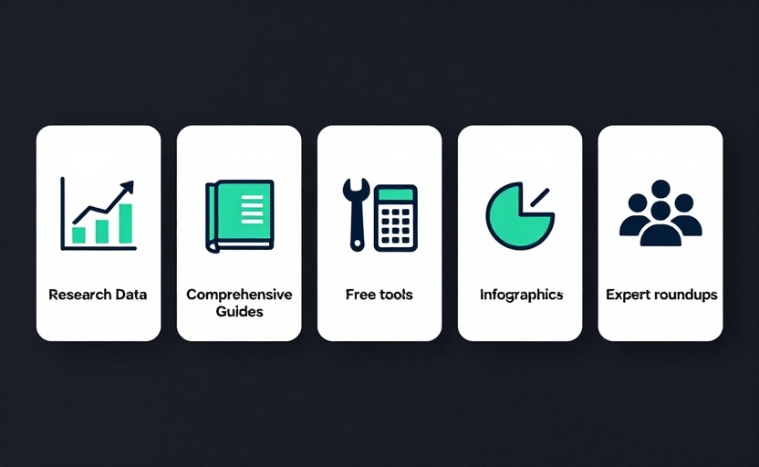 A showcase of 5 linkable content types as illustrated cards in a row: (1) a bar chart icon for research/data, (2) a book icon for comprehensive guides, (3) a wrench/calculator icon for free tools, (4) a pie chart icon for infographics, (5) a people/group icon for expert roundups. Each card has a small label below. Clean card-based layout, dark background with teal highlights. 