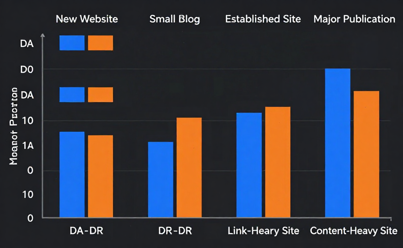A scatter plot or grouped bar chart comparing DA and DR scores across different website types (New Website, Small Blog, Established Site, Major Publication, Link-Heavy Site, Content-Heavy Site). Each website type has two bars — one blue for DA and one orange for DR — showing how they typically compare. Clean data visualization, dark background. 