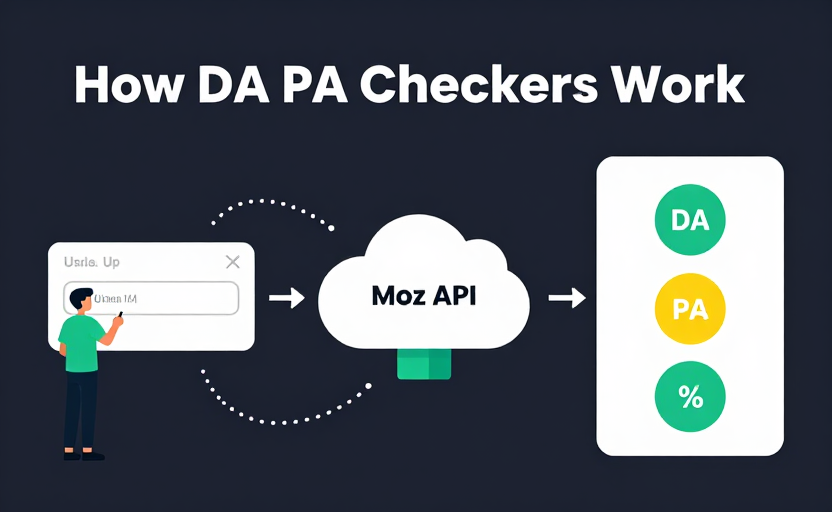 A conceptual diagram of how a DA PA checker works. Left: a user entering a URL into an input field. Middle: a "Moz API" cloud/server node. Right: a results card showing three badges — DA score (green), PA score (yellow), Spam Score (green %). Dotted arrows flow left→middle→right. Labeled at top "How DA PA Checkers Work". Clean dark background (#0f172a), teal accents. Flat flow-diagram style.