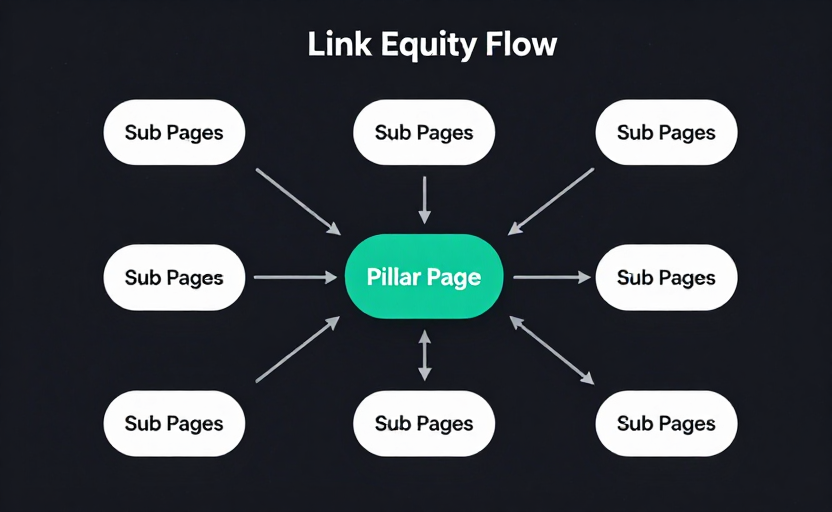 A website structure diagram showing internal linking — a central "Pillar Page" node (large, highlighted in teal) connected by arrows to multiple "Sub Pages" (smaller nodes). External backlinks (shown as incoming arrows from outside) point to the pillar page, and internal links (shown as internal arrows) distribute equity from the pillar to sub-pages. Labeled "Link Equity Flow". Clean diagram style, dark background. 