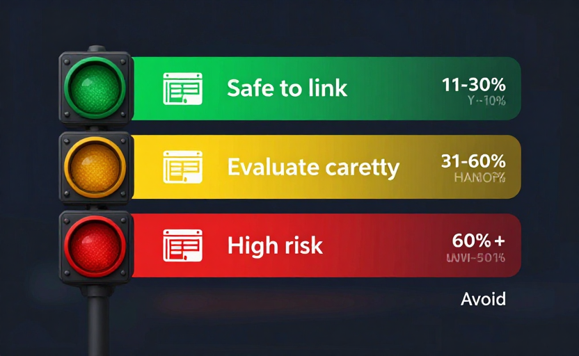  A traffic light style infographic for link building decisions — showing 4 signal levels: Green (1-10%, "Safe to link"), Yellow (11-30%, "Evaluate carefully"), Orange (31-60%, "High risk"), Red (60%+, "Avoid"). Each with a website icon and the corresponding action. Clean traffic light metaphor layout, dark background. 