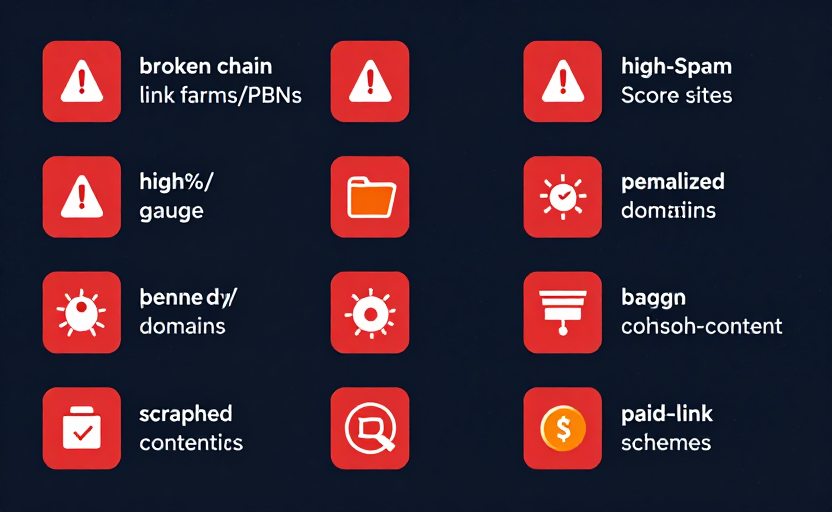 An 8-item warning checklist of toxic-backlink sources, each a red warning icon + label placeholder: (1) broken chain — link farms/PBNs, (2) high-% gauge — high Spam Score sites, (3) mismatch icon — irrelevant sites, (4) banned/penalty icon — penalized domains, (5) folder icon — low-quality directories, (6) bug icon — malware/phishing sites, (7) scraped-pages icon — scraped content, (8) money icon — paid link schemes. Clean grid layout, dark background (#0f172a), red/orange accents. Flat infographic.