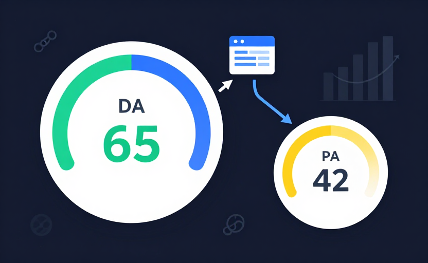 Domain Authority and Page Authority concept illustration showing DA and PA gauge meters