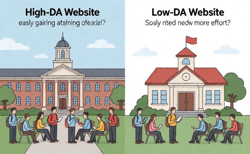 A split analogy illustration — on the left, a grand university building (representing a high-DA website) with students (pages) easily gaining attention; on the right, a small school (low-DA website) where students need more effort to be noticed. Icon-based flat design style with a subtle SEO theme. 