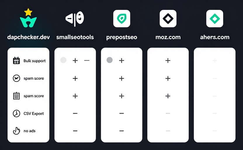 A comparison infographic of DA PA checker tools — showing 5 tools in a horizontal row with feature icons above each: dapachecker.dev (highlighted with a crown/star, showing all features checked), smallseotools (some features, ads icon), prepostseo (some features, ads icon), moz.com (minimal features), ahrefs.com (minimal features). Feature categories shown as icons: bulk support, spam score, CSV export, no ads. Clean comparison table style, dark background with dapachecker.dev highlighted in teal.
