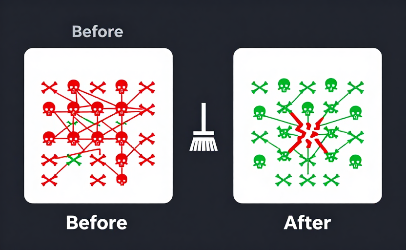 A before/after illustration of backlink cleanup — on the left ("Before"), a website connected to many links including red toxic ones (skull/crossbones icons) and green healthy ones; on the right ("After"), the same website with toxic links removed (shown as cut/broken red links) and only healthy green links remaining. A broom or filter icon in the middle. Clean comparison style, dark background. 