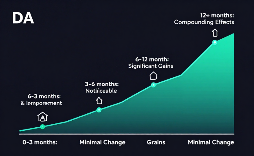 A timeline infographic showing DA growth over time — a curved upward line chart with 4 phases: "0-3 months: Minimal Change" (flat section), "3-6 months: Noticeable Improvement" (gentle rise), "6-12 months: Significant Gains" (steeper rise), "12+ months: Compounding Effects" (continued upward curve). Each phase marked with an icon. Clean chart style, dark background with teal gradient line. 