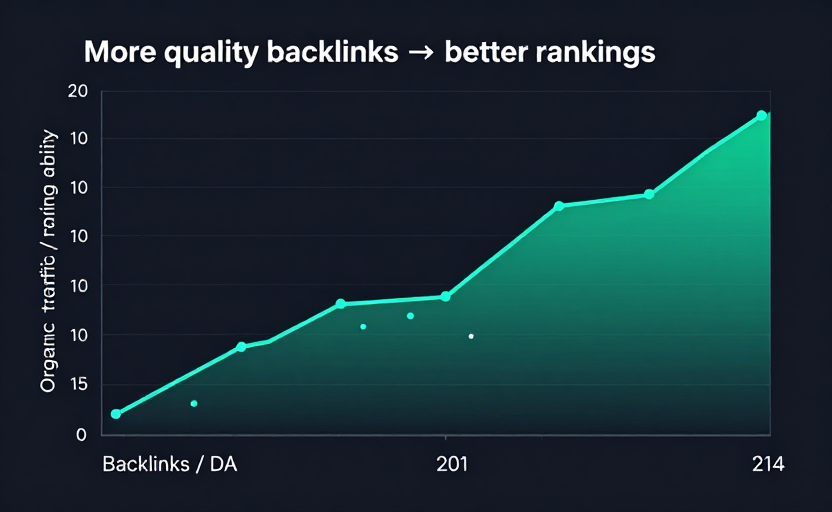 A scatter/line correlation chart: x-axis "Backlinks / DA", y-axis "Organic traffic / ranking ability", with an upward trend line in teal-green gradient and dots scattered along it. Labeled "More quality backlinks → better rankings". Clean data-viz style, dark background (#0f172a), subtle grid.