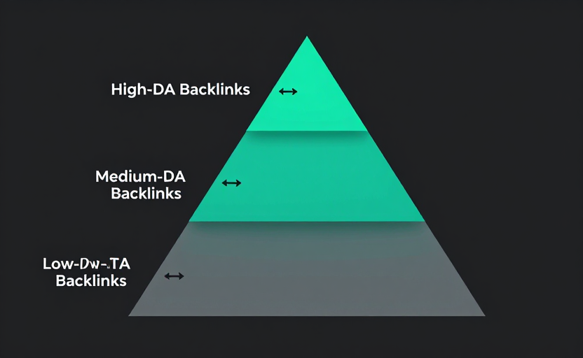 A diagram showing backlink quality hierarchy — a pyramid with "High-DA Backlinks" at the top (few but most valuable, shown in bright teal), "Medium-DA Backlinks" in the middle, and "Low-DA Backlinks" at the bottom (many but least valuable, shown in muted gray). Arrows show link equity flowing from top to bottom. Clean infographic style, dark background. 