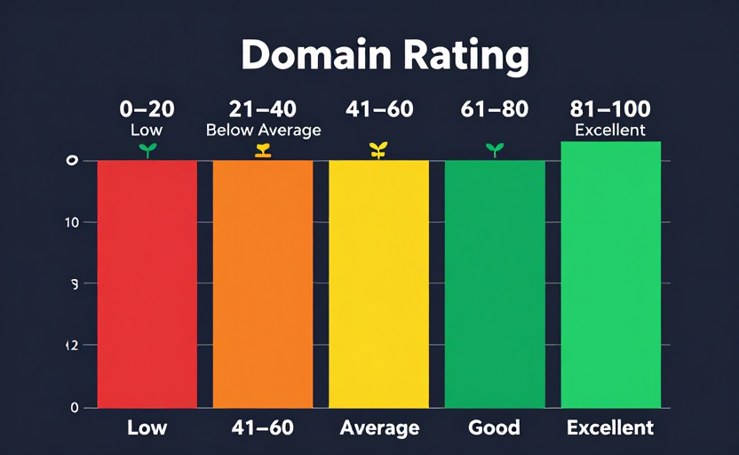 A horizontal segmented gauge / stacked bar showing five Domain Rating ranges: 0–20 Low (red), 21–40 Below Average (orange), 41–60 Average (yellow), 61–80 Good (emerald), 81–100 Excellent (green). Each segment labeled with its range and a tiny icon (sprout, small site, established site, strong site, top-tier site). Labeled "Domain Rating" at the top. Clean dark background (#0f172a), flat infographic style.