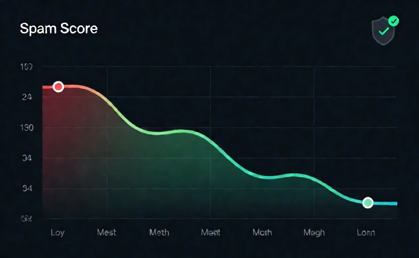A line-chart dashboard showing Spam Score declining over time — a downward-trending line in green from a high red zone down to a low green zone, with month markers on the x-axis. A shield icon with a checkmark in the corner. Clean data-viz style, dark background (#0f172a), green/teal gradient line, subtle grid. SaaS dashboard illustration.