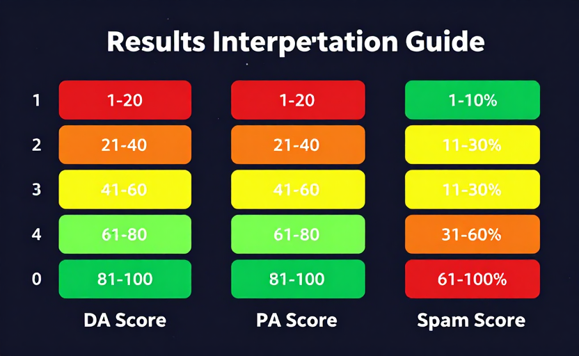 A results interpretation guide — showing three score displays side by side: (1) DA Score bar with color ranges (1-20 red, 21-40 orange, 41-60 yellow, 61-80 light green, 81-100 green), (2) PA Score bar with same ranges, (3) Spam Score bar with reversed colors (1-10% green, 11-30% yellow, 31-60% orange, 61-100% red). Each with descriptive labels below. Clean dashboard-style display, dark background.