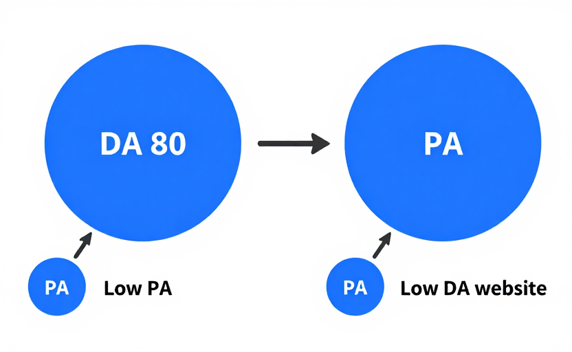  A side-by-side illustration showing two scenarios: (1) A high-DA website (large blue circle, DA 80) with a specific page having low PA (small circle, PA 25) because few links point to it; (2) A low-DA website (small circle, DA 20) with a specific page having high PA (larger circle, PA 55) because it attracted strong backlinks. Arrows represent backlinks pointing to pages. Clean diagram style. 