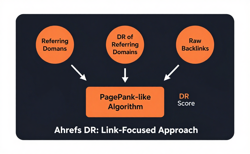 A diagram showing DR as a link-focused metric — three input nodes (Referring Domains, DR of Referring Domains, Raw Backlinks) feeding via arrows into a central "PageRank-like Algorithm" box, which outputs "DR Score". Labeled "Ahrefs DR: Link-Focused Approach". Clean flowchart style, dark background with orange accents to contrast with the DA diagram. 