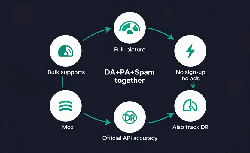 A decision-flow / use-case infographic with 5 paths, each an icon + label: (1) many-domains icon → "Bulk support", (2) full-picture gauges icon → "DA+PA+Spam together", (3) frictionless/lightning icon → "No sign-up, no ads", (4) Moz logo → "Official API accuracy", (5) DR gauge → "Also track DR". Arranged in a horizontal row or circular layout. Clean flat design, dark background (#0f172a), teal accents.